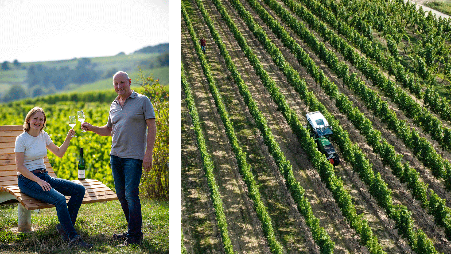 Christoph und Karoline Hirschmann stoßen mit Wein im Wingert an.